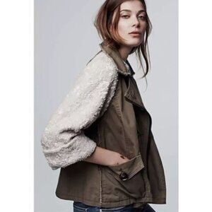 ANTHROPOLOGIE Hei Hei Sequin Sleeve Jacket Sz L Army Green Swing Double Breasted